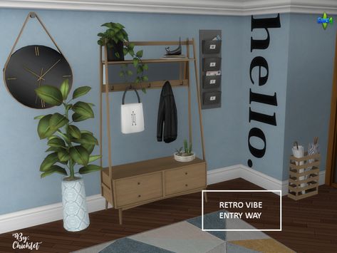 Chicklet's Retro Vibe Entry Way Sims 4 Cc Furniture Hallway, Sims 4 Cc Entrance Decor, Sims4 Hallway, Sims 4 Cc Entry Way, Sims 4 Entryway Ideas, Sims 4 Entryway, Sims 4 Hallway, Sims 4 Houses Layout, Ts4 Hair