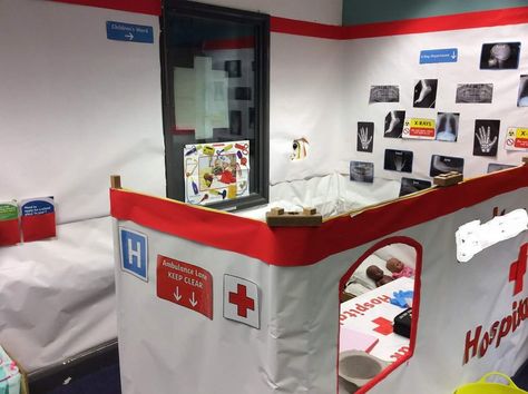 Ambulance Dramatic Play, Hospital Role Play Area Eyfs, Hospital Role Play, Send Activities, Role Play Areas Eyfs, Daycare Decorations, Table Playhouse, Hospital Decoration, Play Preschool