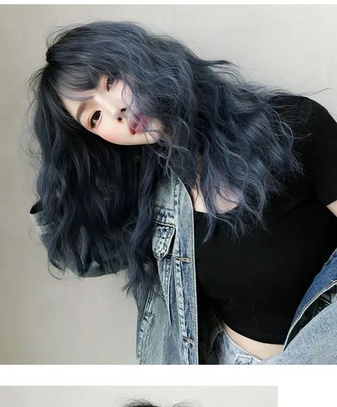 Wavy Hair Color, Ash Blue Hair, Boho Wedding Hair Accessories, Hidden Hair Color, Ulzzang Hair, Dark Blue Hair, Hair Color Underneath, Long Curly Wig, Pretty Hair Color