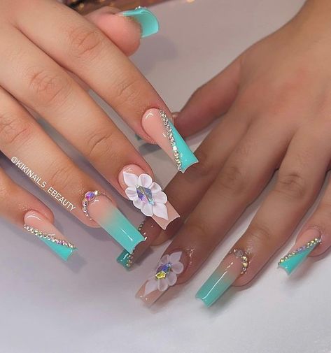 Multiple Color Nail Designs, Turquoise Flower Nails, Baddie Nails Coffin Medium, Turquoise Nails Design, Nail Designs Turquoise, Turquoise Nails Designs Aqua, Nails Turquesa, Turquoise Acrylic Nails, Rockabilly Nails