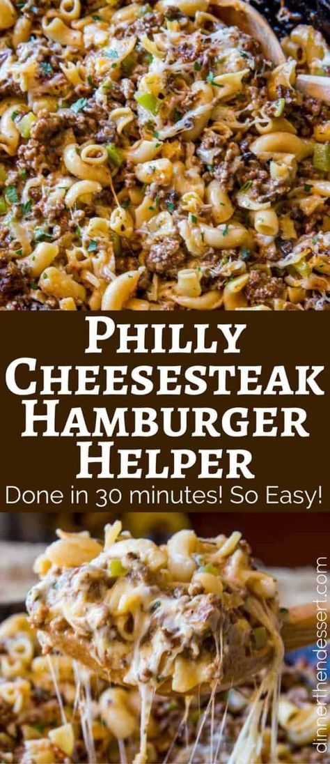 Philly Cheesesteak Hamburger Helper - Dinner, then Dessert Hamburger Meat Recipes Easy, Hamburger Helper Recipe, Cheesesteak Pasta, Hamburger Helper Recipes, Hamburger Dishes, Dinner Then Dessert, Beef Ground, Pasta Cremosa, Meat Recipes For Dinner