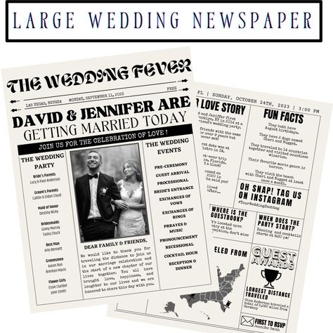 Save The Date Ideas Newspaper, Newspaper Style Wedding Invitation, Newspaper Wedding Invitations Vintage, Newspaper Wedding Announcement, Evite Wedding Invitations, Newlywed Times Newspaper, Wedding Newspaper Template, Newspaper Program, Newspaper Wedding Programs