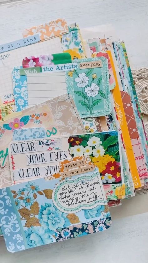 Index Cards Art, Amity Bloom, Diy Ephemera, Greeting Card Junk Journal, Altered Index Cards, Index Card Junk Journal, Colorful Junk Journal, Garden Junk Journal, How To Sew Junk Journal Pages