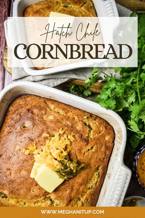 This Hatch Green Chile Cornbread is moist, flavorful, and filled with corn, cheese and chiles! It pairs perfectly with chili! Make this cornbread for Thanksgiving or with any fall chili recipe. Hatch Chili Cornbread, Green Chile Cornbread, White Bean Turkey Chili, Hatch Chile Recipes, Spring Appetizers, Hatch Chili, Hatch Green Chile, Chili And Cornbread, Chili Recipe Turkey