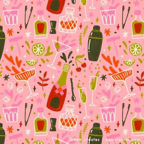 Remember this one? I loved it so much I created a whole pattern collection with it! This Cocktail Party pattern is now available for licensing along with the rest of my Pink Champage collection 🥂 #surfacedesigner #surfacepatterndesign #surfacepatterndesigner #surfacepattern #artlicensing #freelanceillustrator #freelanceillustration #pinkparty Food Pattern Illustration, Journal Background, Party Illustration, Senior Thesis, Clay Patterns, Cocktail Illustration, Food Pattern, Party Pattern, Food Patterns