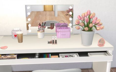 Hera Sims pink makeup set patreon Sims 4 - Sims 4 Custom Content - sims4cc - sims4 - ts4 - s4cc - ts4cc - build - thesims4 - sims 4 cc - minimal pastel - interior design - horse ranch - kawaii - japan - vintage - video games - blender - 3D - panda - toys - kids - toddlers - growing together - barbie - plastic world - pink - vintage - retro - hera sims Sims 4 Cc Vanity Patreon, Ts4cc Build, Sims 4 Vanity Cc, Sims Patreon, Pastel Interior Design, Kerbal Space Program, Sims Clothes, Pastel Interior, Cc Furniture