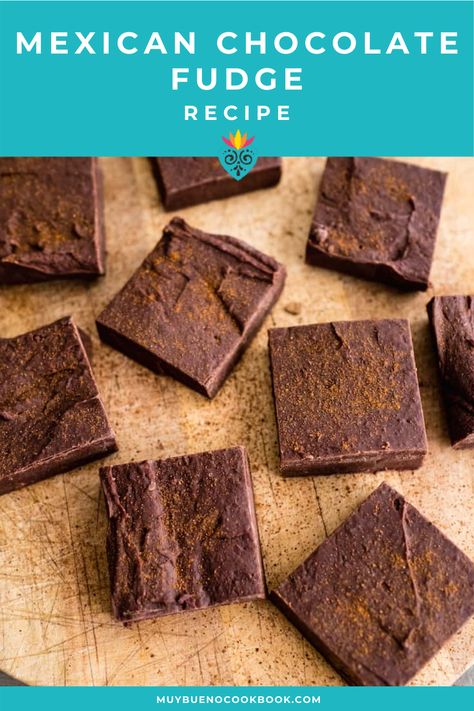 The fudge is also lightly dusted with a mixture of ground cinnamon and chili powder. This no-bake fudge has lots of exotic Mexican flavors with the addition of Mexican chocolate, cinnamon, and chili powder. #fudge #mexicanfudge #chocolatefudge #dessert #latinrecipes #mexican #mexicanrecipe #muybueno | muybuenocookbook.com @muybueno Mexican Chocolate Recipes, Mexican Fudge Recipe, Mexican Fudge, Mexican Hot Chocolate Cheesecake, Spicy Mexican Hot Chocolate Cookies, Mexican Hot Chocolate Fudge, Baked Fudge Recipe, No Bake Fudge, Hot Chocolate Fudge