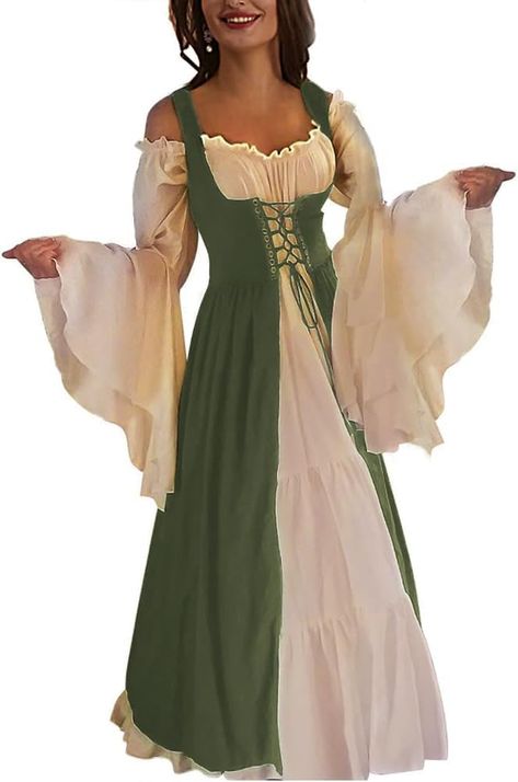 PRICES MAY VARY. Chemise and Over Dress: This womens medival renaissance costume two-piece set including a flare long sleeves chemise dress, a off the shoulder renaissance overdress and 4 drawstring. Lacing-Up Adjustments: The lacing-up at the front and with corset the waist back which are adjustable to fit your figure. The 2 shoulder ties ensure that the overdress does not fall off from shoulder and also stylish. Fabric: This renaissance dress lightweight soft fabric. Elasticized neckline with Masquerade Party Dresses, Irish Costumes, Skirt Shapewear, Boho Dresses Long, Over Dress, Medieval Costume, Medieval Dress, Dress Halloween Costume, Stunning Gowns