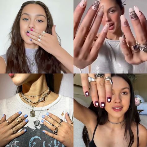 Olivia Rodrigo Nails, Celeb Nails, Pan Ouat, Olivia Rodriguez, Hoco Nails, Colored Roses, Olivia + Core + Aesthetic, Pretty Hands, + Core + Aesthetic