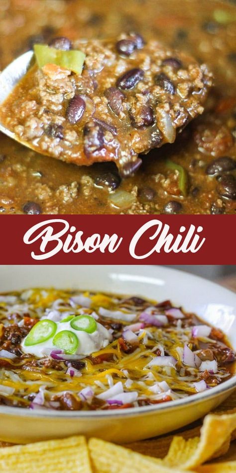 This homemade bison chili is always a crowd-pleaser. Don't let the word "bison" scare you. You can easily substitute with beef. #bisonchili #bisonrecipes #hildaskitchenblog Ground Bison Recipes Easy, Bison Soup Recipes, Bison Chilli, Ground Bison Chili, Best Bison Chili Recipe, Bison Chili Recipe, Bison Chili, Bison Recipes, Bison Meat