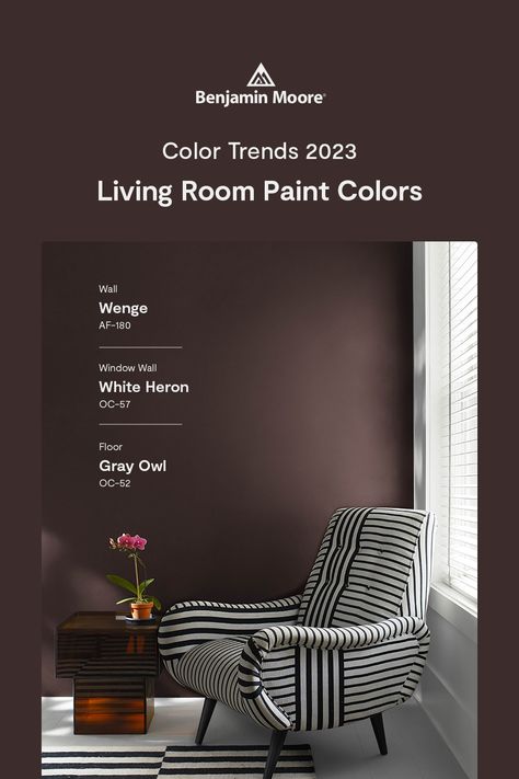 Bring a small living room to life with the hues of the Color Trends 2023 palette, like Wenge AF-180, a deep chocolate with hints of brown, black and violet. Dark Chocolate Walls, Wenge Color Palette, Chocolate Brown Walls Living Room, Purple Brown Paint, Wenge Benjamin Moore, Brown Living Room Walls, Brown And Black Living Room, 2023 Palette, Chocolate Living Rooms