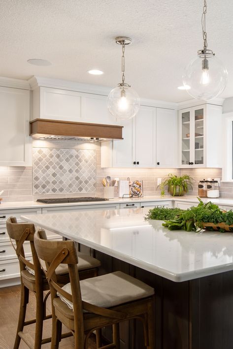 Wood Hood White Cabinets, Kitchen Bell Hood, White Kitchen Hood With Wood Trim, Kitchen Hood With Wood Trim, White Vent Hood With Wood Trim, Cabinet Hood Design, White Kitchen With Wood Hood, Wood Hoods Kitchen, Hood With Wood Trim