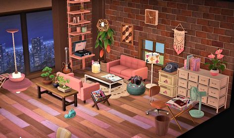 Acnh Kyle, Animal Crossing Living Room Ideas, Acnh 70s, Fall Acnh, Animal Crossing Happy Home Paradise, 70s Room, Happy Home Paradise, Boho Studio, Animals Crossing