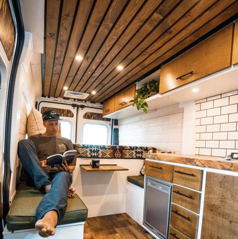 20 Campervan Interior Inspirations For Your Next Conversion Kombi Home, Van Conversion Interior, Van Life Diy, Campervan Interior, Van Home, Wood Cladding, Van Living, Van Interior, Camper Interior