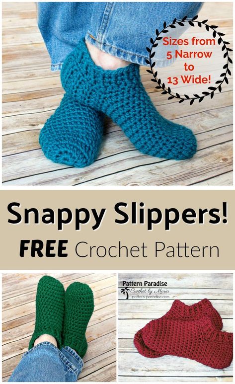 Free Crochet Pattern: Snappy Slippers | Pattern Paradise Crochet Slipper Boots, Crocheted Slippers, Easy Crochet Slippers, Slippers Socks, Crochet Socks Pattern, Crochet Slippers Free Pattern, Crochet Shoes Pattern, Crochet Slipper Pattern, Crochet Geek