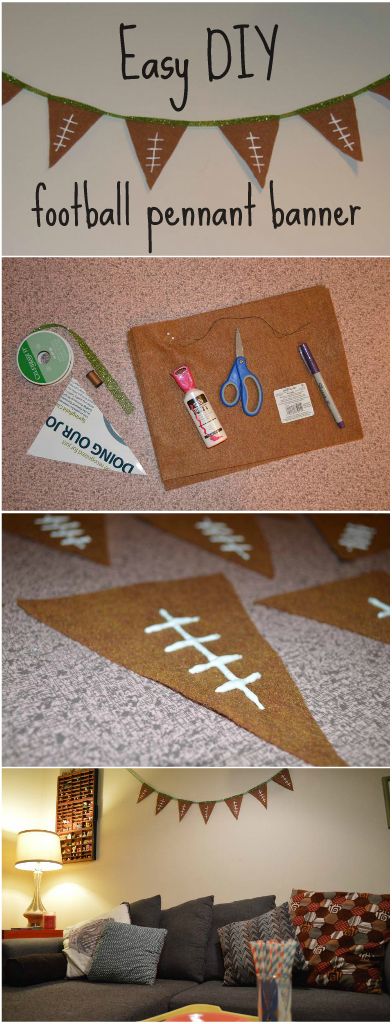 Easy DIY Football Pennant Banner, perfect for the Super Bowl! Go Broncos! Game Day Decorations Football, Super Bowl Diy Decorations, Easy Super Bowl Decorations, Breakaway Banners Football Diy, Diy Football Banner, Super Bowl Decorations, Super Bowl Party, Football Banner, Football Baby Shower