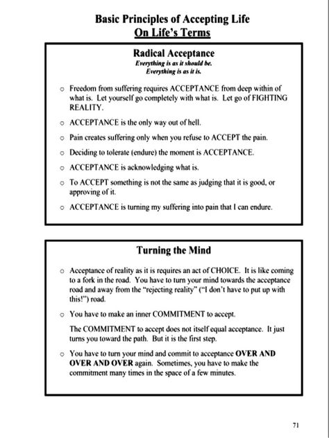 Radical Acceptance - DBT SKILLS APPLICATION SELF-HELP Dbt Skills Worksheets, Distress Tolerance Skills, Group Therapy Activities, Dbt Therapy, Distress Tolerance, Dbt Skills, Radical Acceptance, Dialectical Behavior Therapy, Counseling Activities