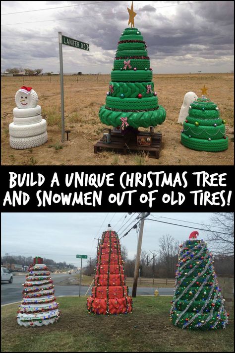 This Christmas Season Give Old Tires New Life by Turning Them Into Christmas Trees and Snowmen Tire Christmas Decorations, Diy Tire, Different Christmas Trees, Outside Christmas Decorations, Christmas Yard Decorations, Old Tires, Unique Christmas Trees, Christmas Parade, Christmas Decorations Diy Outdoor