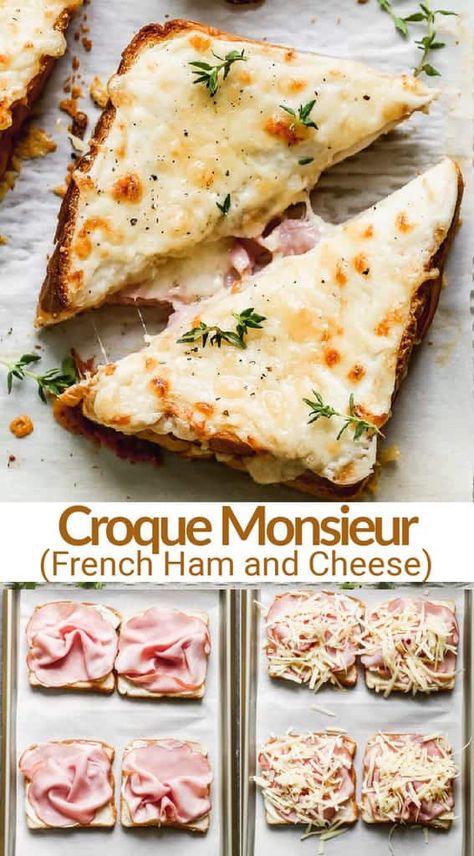 Croque Monsieur is a delicious French ham and cheese sandwich made with gruyere, parmesan, ham and a simple béchamel sauce, toasted in the oven. #hamandcheese #croquemonsieur #French #sandwich #tastesbetterfromscratch via @betrfromscratch Sandwiches For Dinner, Resep Sandwich, Béchamel Sauce, Best Sandwich Recipes, Sandwich Ideas, Dinner Sandwiches, Ham And Cheese Sandwich, French Cooking, Lost 100 Pounds