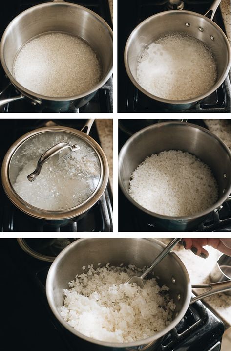 How to Cook Rice - The Ultimate Guide | In this guide, you will find detailed information on how to cook short grain, medium grain, long grain, and jasmine rice in a rice cooker, on the stove top, or in an Instant Pot. I also included the rice-water ratios and a cooking time chart, plus notes on how to adjust the texture of white rice, storage, and more! How To Make Steamed Rice On The Stove, Steamed White Rice Stove Top, White Rice On Stove Top, How To Cook Jasmine Rice On The Stove, How To Make White Rice On The Stove, Sushi Rice Recipe Stove Top, Cooking Rice On Stove, Stove Top Rice, Rice In A Rice Cooker