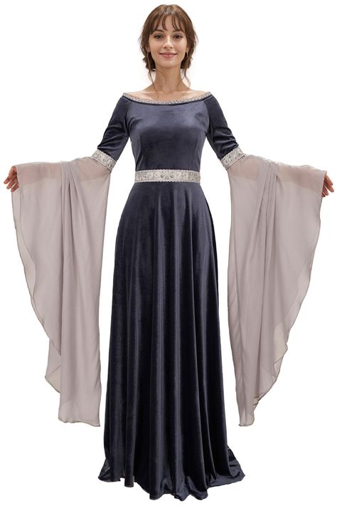 PRICES MAY VARY. ♥RETRO MEDIEVAL DRESS GOWN: The neckline and sleeves are decorated with silver lace, adding refinement and elegance to the overall retro feel. It has quite a pretty wide hem and a long train that make the dress more retro. This costume includes the dress and the waist band. Overall, this great-quality gown belongs to the basic medieval style, it is stunning! ♥PREMIUM VELVE QUALITY: The main part of the dress is made of velvet. The fabric is of excellent quality and very soft. It Middle Earth Dress, Daenerys Targaryen Inspired Dress, Arwen Outfit, Reinassance Dress, Renfest Costume Women, Medieval Clothing Royal, Fantasy Medieval Dress, Arwen Costume, Arwen Dress