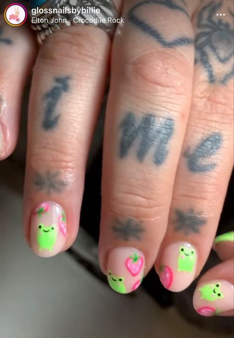 Squishmallow Nail Art, Squishmallows Nails, Squishmallow Nails, Keroppi Nails, Kidcore Nails, Dinosaur Nails, Frog Nails, Nails Minimal