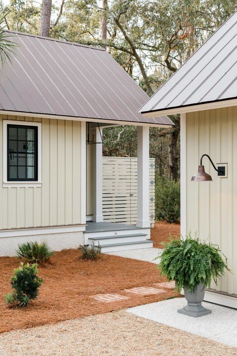 Metal roof goes on fast! HGTV Smart Home 2018 Garage | HGTV Smart Home 2018 | HGTV Brown Metal Roof, Metal Roof Houses, Garage Pictures, Brown Roof, Small Cottage Homes, Palmetto Bluff, Metal Roofing, Kitchen Pictures, House Roof