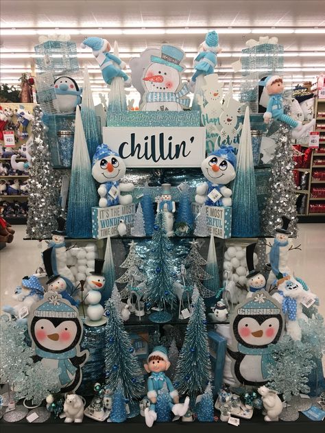 Jack Frost Hobby Lobby Table Display, Jack Frost Christmas, Lobby Table, Christmas Penguins, Parade Ideas, Hobby Lobby Decor, Lobby Decor, Penguins And Polar Bears, Christmas Blue