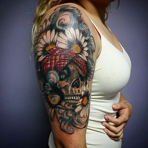 Skull sleeve tattoo 5 Pretty Skull Tattoos, Tattoos For Females, Unique Half Sleeve Tattoos, Feminine Skull Tattoos, Tattoo Thoughts, Skull Girl Tattoo, Skull Sleeve Tattoos, Skull Sleeve, Tattoos For Women Half Sleeve