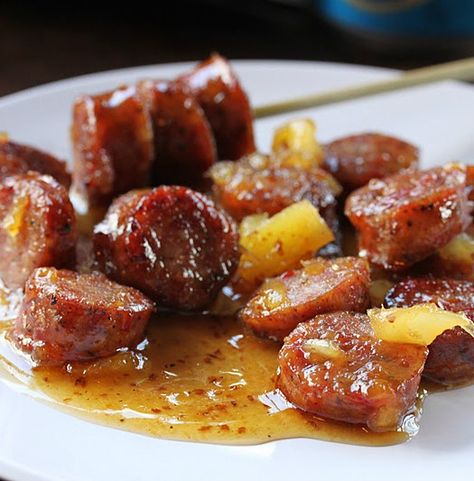 Spicy and Sweet Smoked Sausage - The sausage is cut into bite sized pieces and browned. Then served in a sauce of pineapple, brown sugar, and creole mustard…out of a crock pot. Sausage Appetizer Recipes, Sausage Appetizers, Smoked Sausage Recipes, Creole Mustard, Crockpot Appetizers, Delicious Appetizer Recipes, Smoked Sausage, Sausage Recipes, Sweet And Sour Pork