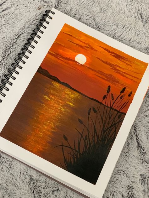 Reflection Painting Acrylic, Sunset On Water Painting Acrylic, Water Reflection Painting Easy, Sun Rise Painting Easy, Water Reflection Painting Acrylic, Sunset Reflection On Water Painting, Reflection Drawing, Water Sunset, Sunset Painting Red Orange Yellow