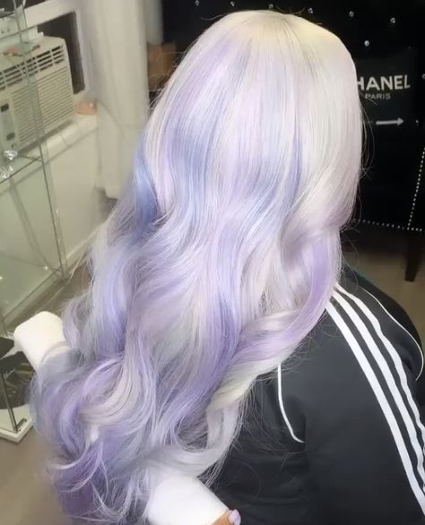 Purple And Blue Pastel Hair, Light Purple Hair Pastel, Icy Lilac Hair, Long Pastel Hair, Lavender And Blue Hair, White Hair With Purple Highlights, Blonde Violet Hair, White And Purple Hair, Purple And White Hair