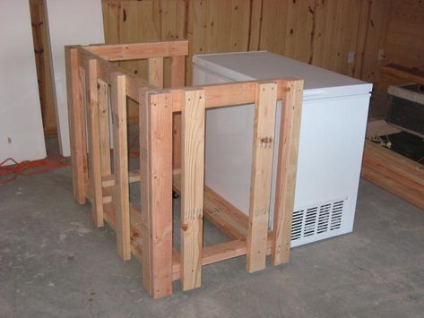 Outdoor Deep Freezer Cover, Deep Freezer Kitchen Island, How To Hide A Chest Freezer, Keezer Ideas Chest Freezer, Hide Deep Freezer In Kitchen, Hide Deep Freezer, Chest Freezer Cover Ideas, Diy Chest Freezer Cover, Diy Deep Freezer Cover Ideas