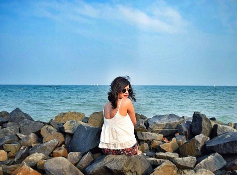 Rock beach, Pondicherry - Famous places Pondicherry Trip Outfits, Pondicherry Beach Photography, Pondicherry French Colony Poses, Pondicherry Photoshoot Ideas, Pondicherry Picture Ideas, Andaman Pictures, Pondicherry Aesthetic Photos, Pondicherry Story Ideas, Rock Beach Pondicherry