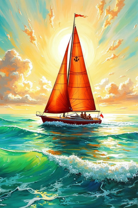 Bring the vibrant beauty of the ocean into your home with this stunning sailboat painting. The warm sunset hues, dynamic waves, and detailed sailboat create a captivating scene that evokes feelings of adventure and tranquility. This high-quality print is available in canvas, framed, and metal options to perfectly match your style and decor. Buy Now!  #waterfall #nature #paintings #art #beauty #serenity #abstract #acrylic #watercolor Sailboat Painting Acrylic, Sunset Hues, Sunny Sky, Warm Sunset, Sailboat Painting, Paintings Art, Decor Buy, Ocean Art, Nature Paintings