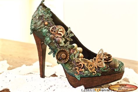 I love doing altered off the page projects and what could be more fabulous than a high heel number?!! I admit right now, these are not m... Shoe Embellishments, Steampunk Shoes, Steampunk Christmas, Steampunk Mixed Media, Steampunk Theme, Steampunk Crafts, Art Steampunk, Mixed Media Crafts, High Heels Boots