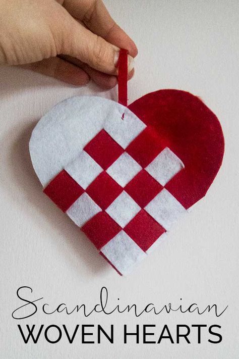 Create your own Scandinavian Woven Heart Ornament to decorate the or home or tree. Follow these simple instructions for a little Hygge in your home. Cute Valentines Day Ideas, Woven Heart, Valentine's Decor, Heart Template, Felt Heart, Heart Crafts, Heart Ornament, Valentine Day Crafts, Felt Diy