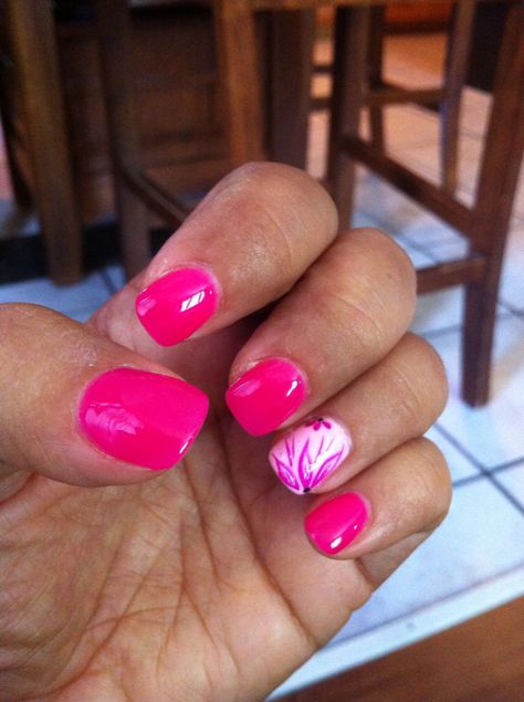 Hot pink gel nails with flower Base Nail Designs, Pink Dip Nails With Design, Dip Nails With Design, Hot Pink Dip Nails, Hot Pink Gel Nails, Pink Dip Nails, Flared Nails, Pink Dip, Nail Decor