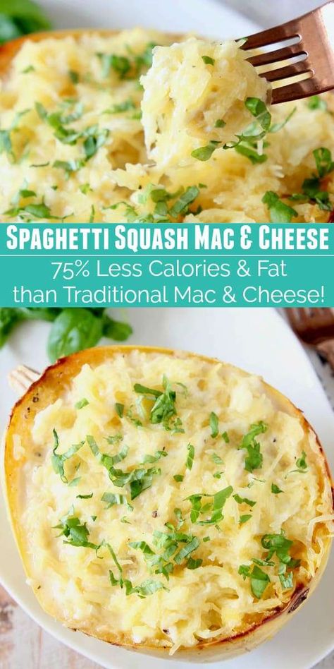 Spaghetti Squash Mac and Cheese is the perfect way to lighten up your favorite comfort food! This gluten free, low carb & vegetarian recipe can be served as a side dish or entree. It's perfect for a Meatless Monday meal or as a Thanksgiving side dish. This healthy version of mac and cheese contains 1/4 the amount of fat and calories as traditional mac and cheese. It's much lower in sodium and carbs, and it's easy to make! Spaghetti Squash Mac And Cheese, Spaghetti Squash Recipes Healthy, Squash Mac And Cheese, Healthy Spaghetti, Meatless Monday Recipes, Low Carb Vegetarian Recipes, Thanksgiving Side Dish, Healthy Version, Spaghetti Squash Recipes