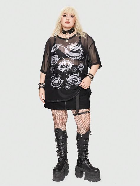 Black Sexy Collar Half Sleeve Knitted Fabric Figure  Embellished High Stretch  Women Plus Clothing Black Rave Outfits Plus Size, Upthrifting Clothes, Plus Size Tshirt Outfits, Plus Size Punk Outfits, Alt Fashion Plus Size, Plus Size Rave Outfits, Grunge Fashion Style, Grunge Outfits Plus Size, 2000s Alt Fashion