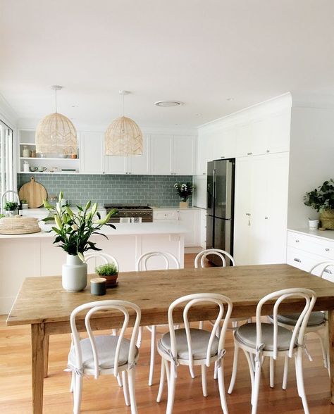 Fresh and homely in Northgate Beachy Kitchen, Beach Dining Room, Kitchen Vibes, Timber Kitchen, Coastal Dining Room, Beach Furniture, Coastal Dining, Instagram Kitchen, Dining Table Sale