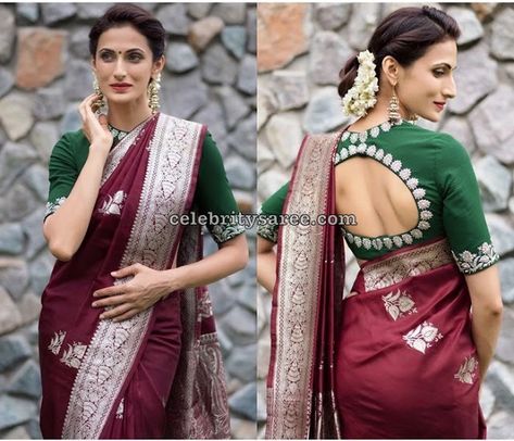 Shilpa Reddy in Maroon Benaras Saree - Saree Blouse Patterns Latest Saree Blouse, Maroon Saree, Sari Blouse Designs, Indian Saree Blouses Designs, Saree Blouse Patterns, Silk Saree Blouse Designs, Blouse Designs Indian, Hairstyles Men, Saree Blouse Designs Latest