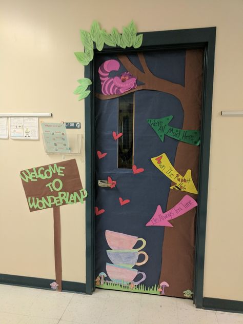 Alice In Wonderland Theme Door, Disney Door Decorating Contest, Alice In Wonderland Door Decorations Classroom, Door Decorating Contest Book Theme, Disney School Door Decorations, Princess Door Decorations, Storybook Classroom Door Ideas, Fairy Tale Door Decorations Classroom, Book Character Door Decorations