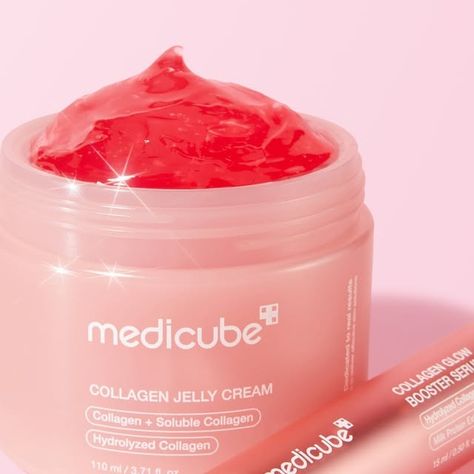 Medicube Global on Instagram: "💗Pink Skincare for glowy skin with our Collagen Line✨

Collagen Niacinamide Jelly Cream💗
✔️ Niacinamide (Vitamin B3)
✔️ Freeze-dried Hydrolyzed Collagen
✔️ Squalane
✔️ Hydrolyzed Elastin
✔️ No artificial colors

Collagen Glow Booster Milk Serum💗
✔️ Peptide
✔️ Hydrolyzed Elastin
✔️ Milk Protein Extract 1%
✔️ Niacinamide
✔️ Ceramide
✔️ Adenosine" Milk Serum, Collagen Jelly, Pink Skincare, Korean Glass Skin, Jelly Cream, Unisex Skincare, Morning Skincare, Glow Effect, Glowy Skin