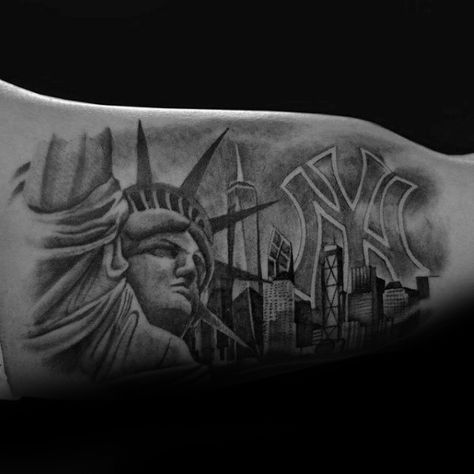 60 New York Skyline Tattoo Designs For Men - Big Apple Ink Ideas Brooklyn Tattoo Ideas New York, Nyc Tattoo Ideas New York City, New York Theme Tattoo, New York Tattoo Ideas For Men, Ny Skyline Tattoo, Brooklyn Tattoo Ideas, New York Skyline Tattoo, New York Tattoos, Nyc Skyline Tattoo