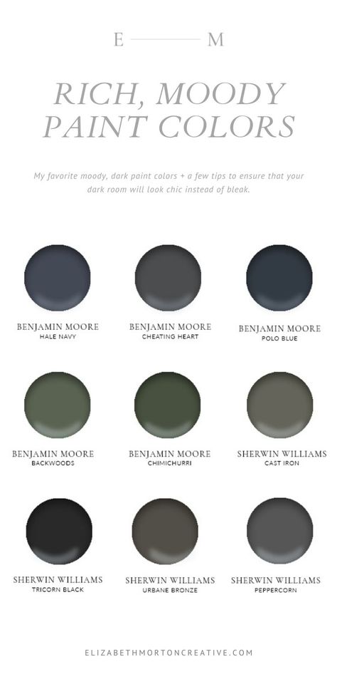 Moody, Rich paint colors in Dark Blue, Green and Gray.  Here are a few of my favorite moody, dark paint colors + a few tips to ensure that your dark room will look chic instead of bleak. #benjaminmoorepaintcolors #darkpaintcolors #moodypaintcolors #halenavy #sherwinwilliamspeppercorn #sherwinwilliamspaintcolors #greenpaintcolors #bluepaintcolors #graypaintcolors Benjamin Moore Dark Moody, Sherwin Williams Dark Cabinet Colors, Moody Masculine Kitchen, Dark Academia Benjamin Moore, Black Home Inspiration, Dark Moody Paint Colors Benjamin Moore, Dark Gray And Green Bedroom, Dark Gray Sherwin Williams Paint, Dark Benjamin Moore Paint Colors