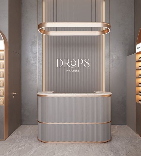 Perfume Boutique Design :: Behance Perfume Store Interior Design, Modern Boutique Interior, Spa Reception Desk, Perfume Boutique, Gold Salon, Salon Office, Spa Reception, Retail Store Display, Jewelry Store Design