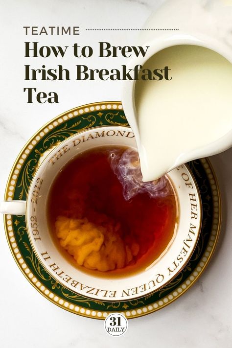 Irish Breakfast Tea is a robust blend of black tea that is hearty and delicious. Which makes it the perfect cup of tea to wake up to. Take it as the Irish do, with a splash of milk and maybe a scone or two. Here's how to brew that perfect cup of Irish Breakfast Tea. English Breakfast Tea Recipe, Tea Pantry, Irish Breakfast Tea, Nut Dessert, Scottish Breakfast, Tea Treats, Irish Tea, Irish Drinks, 31 Daily