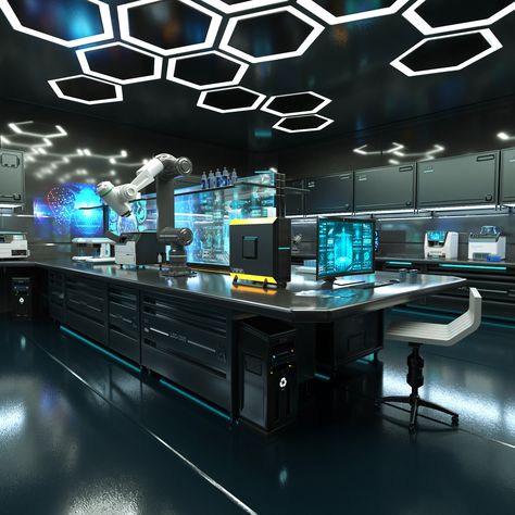 Laboratories Design Interior, Science Fiction Interior Design, Tech Building Design, Scifi Research Facility, Cyberpunk Laboratory Concept Art, Sci Fi Computer Room, Sci Fi Room Design, Sci Fi Themed Room, Robotics Lab Aesthetic