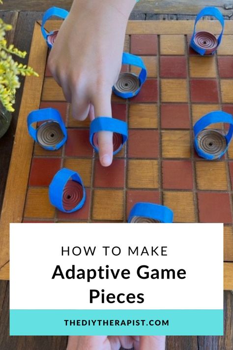 Picture shows a maroon and light brown checkers board with adapted game pieces.  Two hands are shown participating in the game with yellow flowers placed to the side. Adaptive Toys For Special Needs, Diy Assistive Technology, Adaptive Games, Occupational Therapy Tools, Adaptive Equipment Occupational Therapy, Adaptive Equipment Diy, Adaptive Devices, Adaptive Tools, Nursing Home Activities